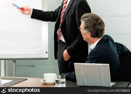 Business - Senior Manager or boss in meeting while a colleague is presenting a new strategy