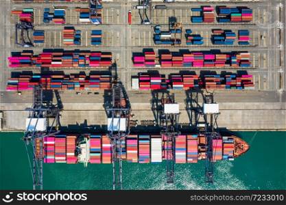 business service and industry shipping cargo containers transportation logistics by the sea and shipping port loading and unloading by crane and trailer aerial top view from drone camera