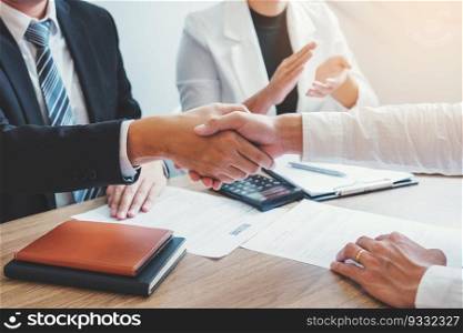 Business Shaking hands greeting new colleagues after during job interview Concept