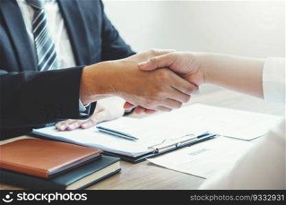 Business Shaking hands  greeting new colleagues after during job interview Concept