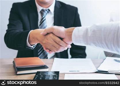 Business Shaking hands  greeting new colleagues after during job interview Concept