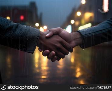 Business shaking hands on night street scene, finishing up meeting. Successful businessmen handshaking after good deal.