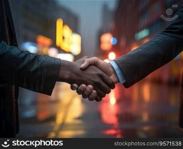 Business shaking hands on night street scene, finishing up meeting. Successful businessmen handshaking after good deal.