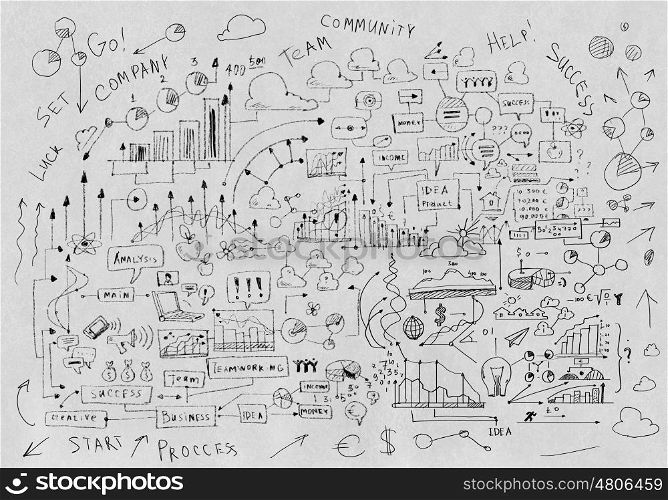Business sketch. Background image with business sketches on white backdrop