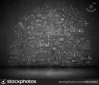 Business sketch. Background image with business strategy sketch on black wall