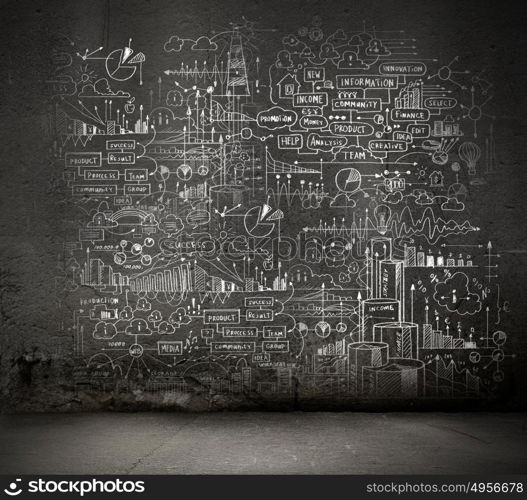 Business sketch. Background image with business strategy sketch on black wall