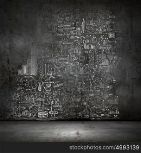 Business sketch. Background image with business strategy sketch on black wall
