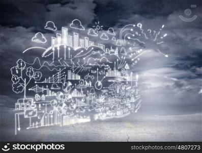 Business sketch background. Sketch background with business ideas against nature background