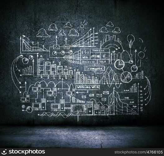 Business sketch. Business sketch ideas against dark wall background