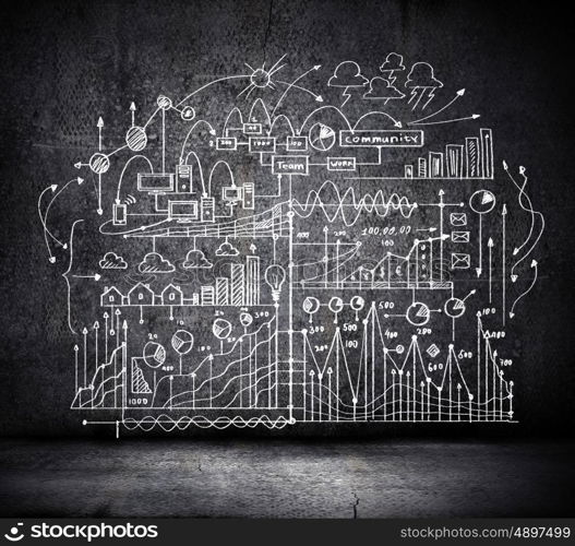 Business sketch. Business sketch ideas against dark wall background