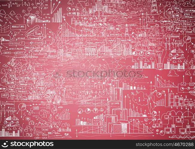 Business sketch. Hand drawn business ideas sketch against red background