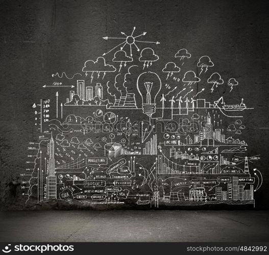 Business sketch on black wall. Business hand drawn sketch on black wall