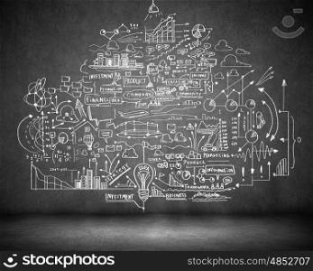 Business sketch on black wall. Business hand drawn sketch on black wall