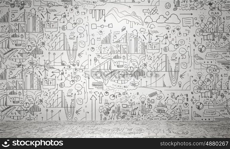 Business sketched plan. Concrete wall in room with business strategy sketches
