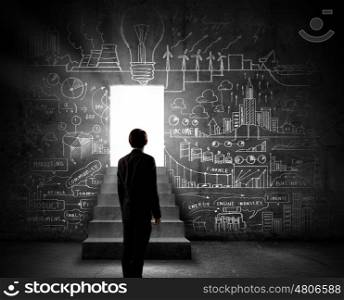 Business solution. Silhouette of businessman standing in doorway light