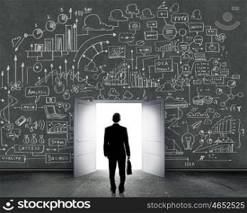 Business solution. Silhouette of businessman with briefcase standing in doorway