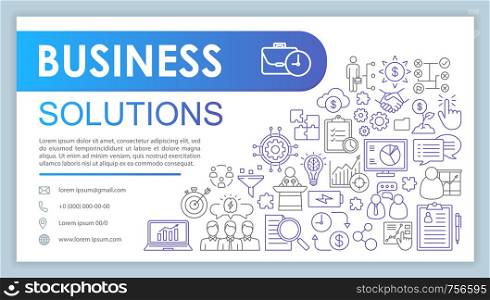 Business solutions advertising web banner vector template. Marketing. Business development. Website contact page. Business card layout with linear illustrations. Webpage template. Print design idea. Business solutions advertising web banner vector template