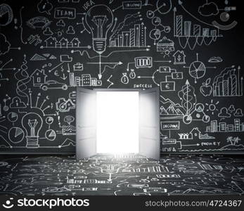Business solutions. Background conceptual image with doorway and business sketches