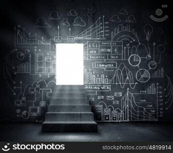 Business solutions. Background conceptual image with doorway and business sketches