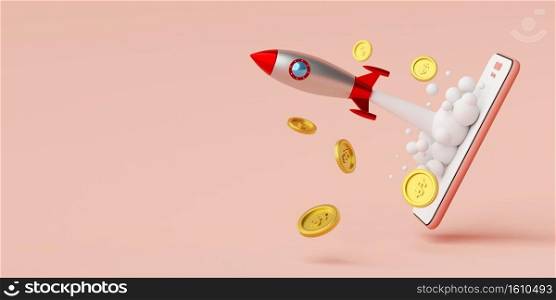 Business start-up concept, Rocket launching from smartphone with dollar coin, 3d rendering