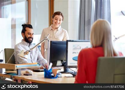 business, startup and people concept - happy creative team with computers in office