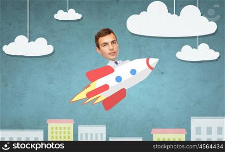 business, startup, development and people concept - businessman flying on rocket above cartoon city. businessman flying on rocket above cartoon city