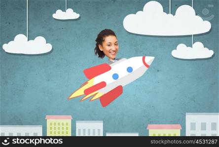business, startup, development and people concept - businesswoman flying on rocket above cartoon city