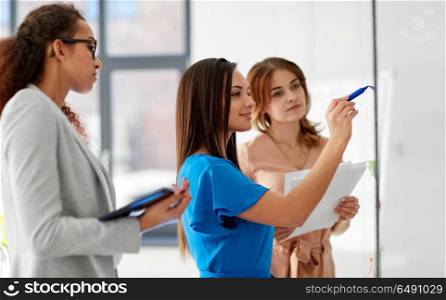 business, startup, planning and people concept - happy creative female team or businesswomen with marker drawing or writing something on glass board at office. businesswomen working at office glass board. businesswomen working at office glass board