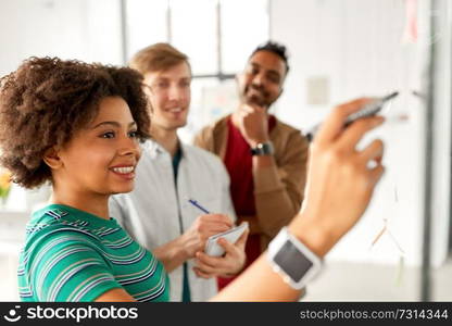 business, startup, planning and people concept - happy creative team writing on glass board at office. creative team writing on glass board at office