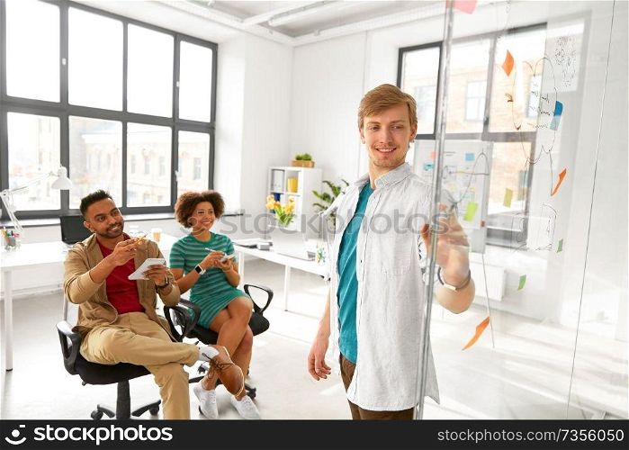 business, startup, planning and people concept - man showing scheme on glass board to creative team at office conference or presentation. man showing scheme to creative team at office