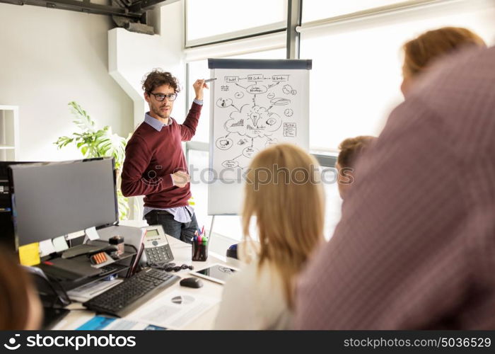 business, startup, presentation, strategy and people concept - man showing scheme on flipboard to creative team at office. business team with scheme on flipboard at office