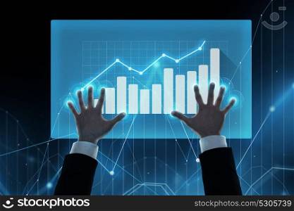 business, statistics, and future technology concept - close up of businessman hands with virtual screen and diagram charts projection over black background. close up of businessman hands with virtual screen