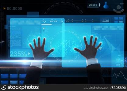 business, statistics, and future technologyconcept - close up of businessman hands with virtual screen projection over black background. close up of businessman hands with virtual screen