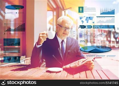 business, statistics and people concept - senior businessman reading newspaper and drinking coffee at city street cafe with charts. senior businessman with newspaper drinking coffee