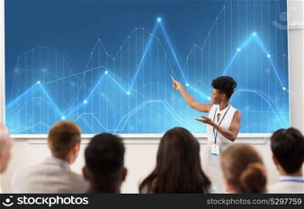 business, statistics and people concept - smiling african american businesswoman or lecturer showing diagram chart on projection screen to group of students at conference presentation or lecture. group of people at business conference or lecture