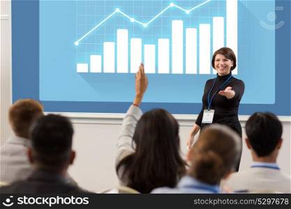 business, statistics and people concept - smiling businesswoman or lecturer with diagram chart on projection screen answering questions at conference presentation or lecture. group of people at business conference or lecture