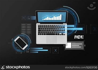 business, statistics and technology concept - laptop computer with chart on screen and smartphone top view. laptop with chart on screen and smartphone