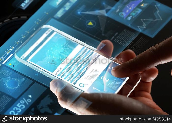 business, statistics, people and future technology concept - close up of businessman hands with charts on transparent smartphone screen and virtual projections over black background. close up of hands with charts on glass smartphone