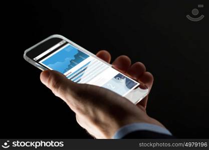 business, statistics, people and future technology concept - close up of businessman hand with charts on transparent smartphone screen over black background. close up of hand with business chart on smartphone