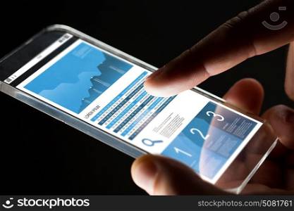 business, statistics, people and future technology concept - close up of businessman hands with charts on transparent smartphone screen over black background. close up of hand with business chart on smartphone