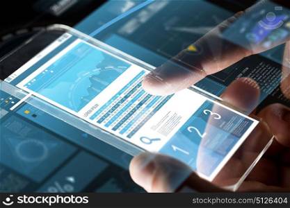 business, statistics, people and future technology concept - close up of businessman hands with charts on transparent smartphone screen and virtual projections over black background. close up of hands with charts on smartphone