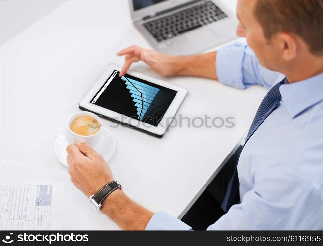 business, statistics, people and technology concept - businessman with chart on tablet pc drinking coffee in office