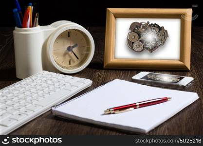 Business still life. Close up of workplace with office supplies on table