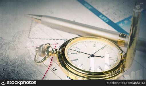 Business still life concept. Pocket watch and business concepts on digital background