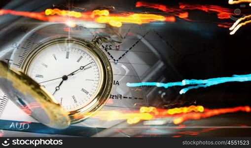 Business still life concept. Pocket watch and business concepts on digital background