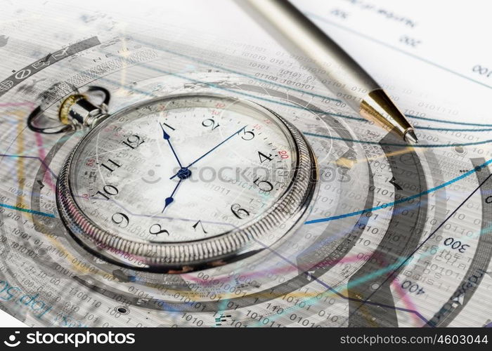 Business still life concept. Pocket watch and business concepts on digital background