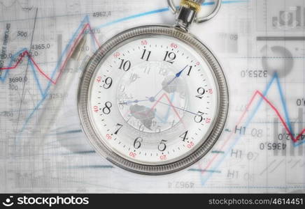 Business still life concept. Pocket watch and business concepts on digital background