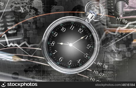 Business still life concept. Pocket watch and business concepts on digital background