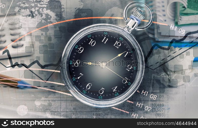 Business still life concept. Pocket watch and business concepts on digital background