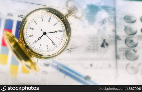 Business still life concept. Pocket watch and business concepts on digital background